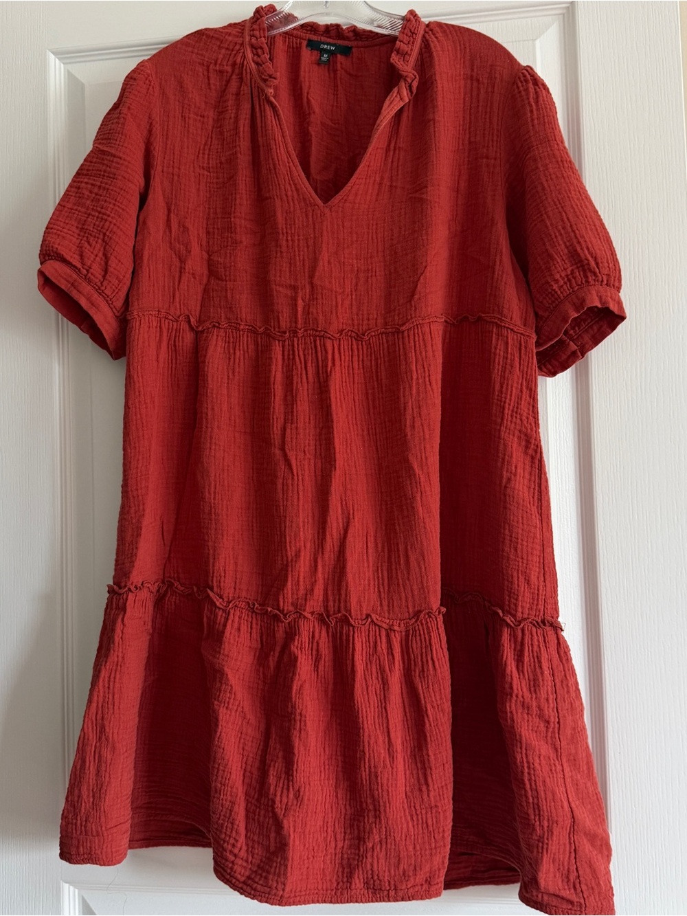 DREW Crimson Gauze V-Neck Tiered Babydoll Dress